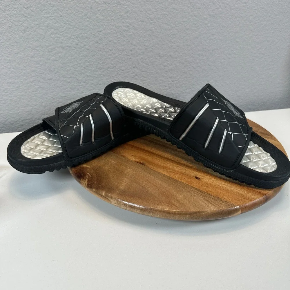 Y2K MMA Elite Mens Slide Sandals Black Silver Quilted Adjustable Strap Size 11